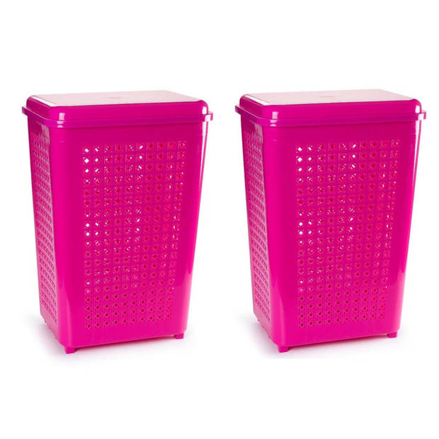 2x stuks grote wasmand/opberg mand met deksel 50 liter in het fuchsia roze - Wasmanden