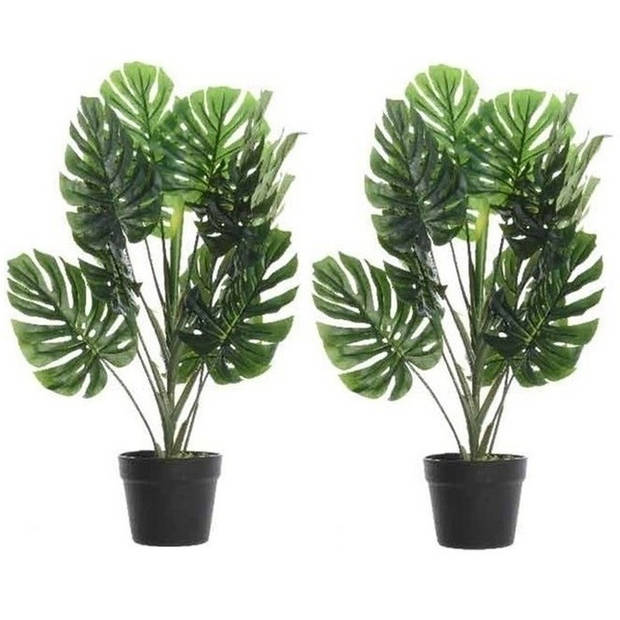 2x Groene Monstera gatenplant kunstplanten 70 cm met zwarte pot - Kunstplanten