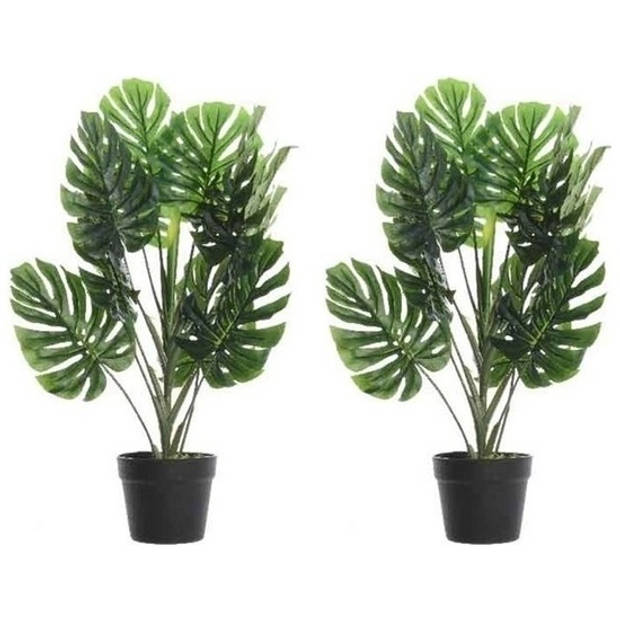 2x Groene Monstera gatenplant kunstplanten 70 cm met zwarte pot - Kunstplanten