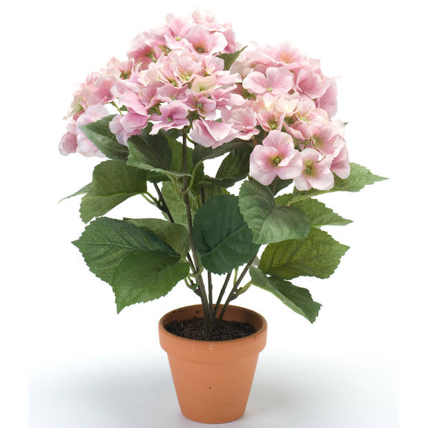 Hortensia kunstplant met bloemen lichtroze - in pot wit - 40 cm hoog - Kunstplanten
