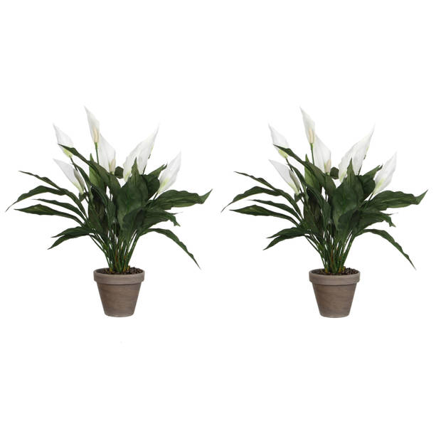 2x stuks spathiphyllum lepelplant kunstplanten wit in keramieken pot H50 x D40 cm - Kunstplanten