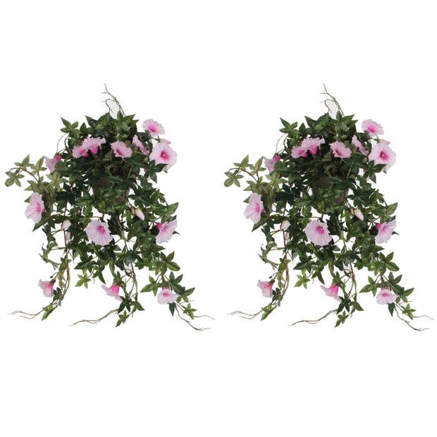 2x stuks groene Petunia lichtroze bloemen kunstplanten 50 cm - Kunstplanten