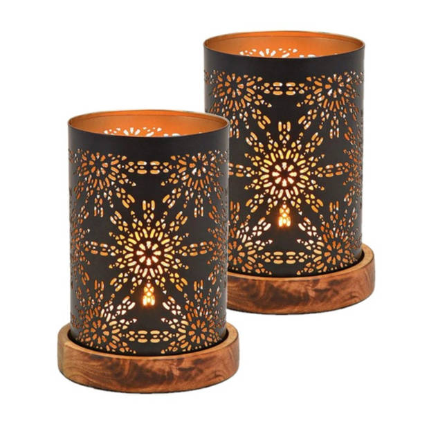 Set van 2x stuks metalen design windlicht/kaarsenhouder zwart/goud 10 x 18 cm - Waxinelichtjeshouders