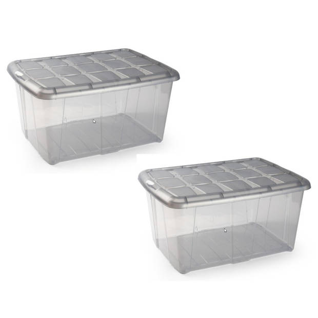 2x Opslagbakken/organizers met deksel 60 liter 63 x 46 x 32 transparant/grijs - Opbergbox