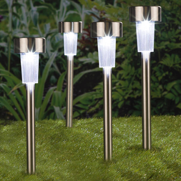 6x Stuks buiten/tuin Led zilveren stekers solar verlichting 36 cm Rvs koud wit - Prikspotjes