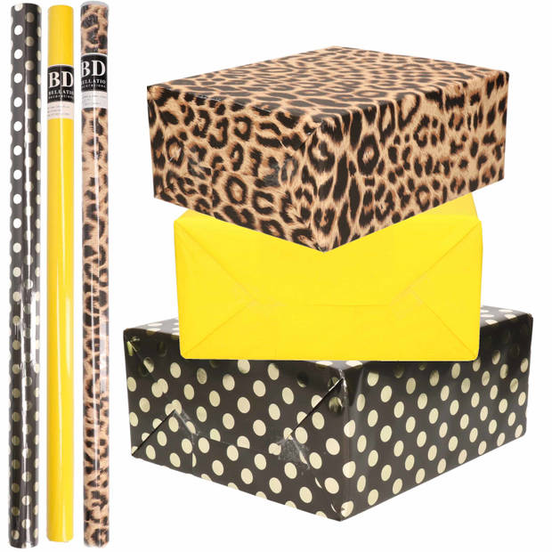 9x Rollen kraft inpakpapier/folie pakket - panterprint/geel/zwart met gouden stippen 200 x 70 cm - Cadeaupapier