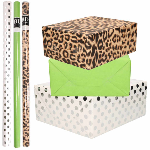 6x Rollen kraft inpakpapier/folie pakket - panterprint/groen/wit met zilveren stippen 200 x 70 cm - Cadeaupapier