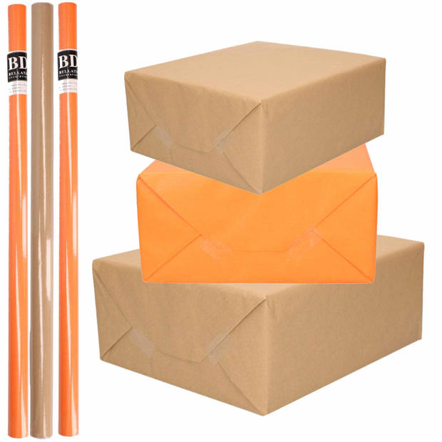 6x Rollen kraft inpakpapier/kaftpapier pakket bruin/oranje 200 x 70 cm - Cadeaupapier