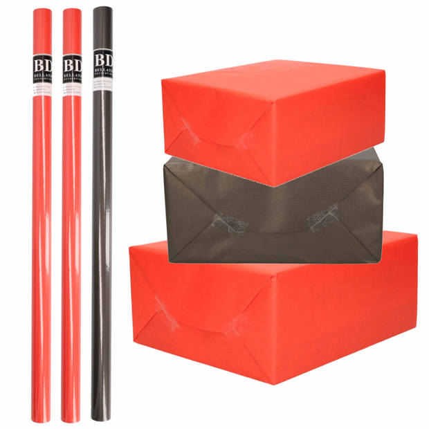 6x Rollen kraft inpakpapier pakket zwart/rood Halloween/Kerst 20 x 70 cm - Cadeaupapier