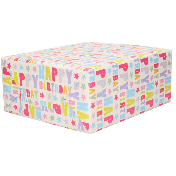 4x Rollen kraft inpakpapier happy birthday pakket - roze 200 x 70 cm - Cadeaupapier