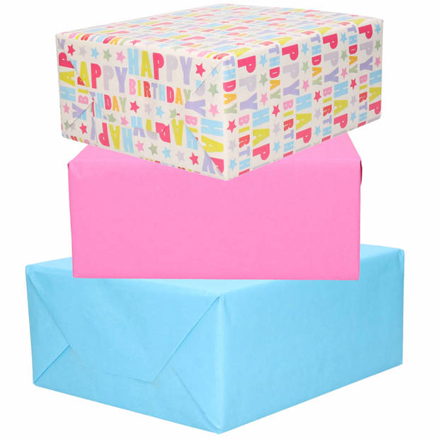 3x Rollen kraft inpakpapier roze/lichtblauw/happy birthday 200 x 70 cm - Cadeaupapier