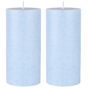 2x stuks lichtblauwe cilinder kaarsen /stompkaarsen 15 x 7 cm 50 branduren sfeerkaarsen lichtblauw - Stompkaarsen