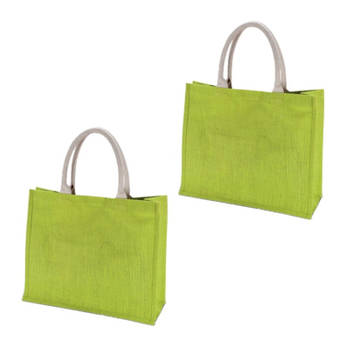 2x stuks groene jute boodschappentassen 42 cm - Strandtassen
