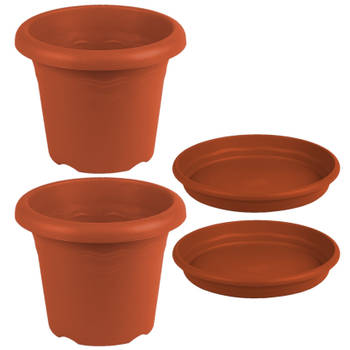 2x stuks ronde plantenpotten terra cotta met opvangschaal dia 35 cm - Plantenpotten