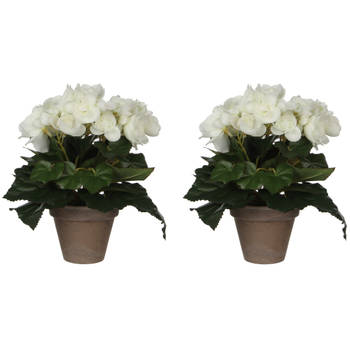2x stuks witte Begonia kunstplant 25 cm in grijze pot - Kunstplanten