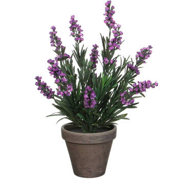 Lavendel kunstplant/kamerplant paars in grijze sierpot H33 cm x D20 cm - Kunstplanten