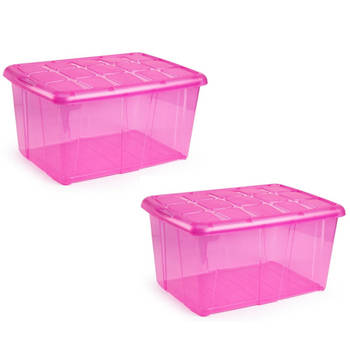 2x Opslagbakken/organizers met deksel 60 liter 63 x 46 x 32 transparant roze - Opbergbox