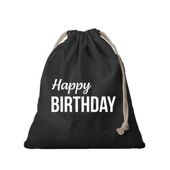 1x Katoenen verjaardag tasje/ cadeautasje Happy Birthday zwart 25 x 30 cm - cadeauverpakking feest