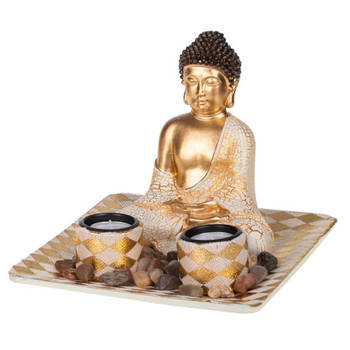 Boeddha beeld met waxinelichthouders voor binnen goud 21 cm - Beeldjes