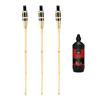 3x Bamboe tuinfakkel 90 cm inclusief heldere lampolie/fakkelolie 1 liter - Fakkels