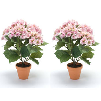 Set van 2x stuks roze hortensia kunstplant in kunststof pot 40 cm - Kunstplanten