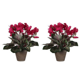 2x stuks cyclaam kunstplanten donker roze in keramieken pot H30 x D30 cm - Kunstplanten