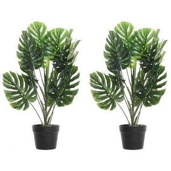 2x Groene Monstera gatenplant kunstplanten 70 cm met zwarte pot - Kunstplanten