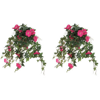 2x stuks groene Petunia donkerroze bloemen kunstplanten 50 cm - Kunstplanten