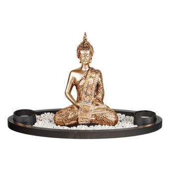 Boeddha beeld met waxinelichthouders voor binnen goud 33 cm - Beeldjes