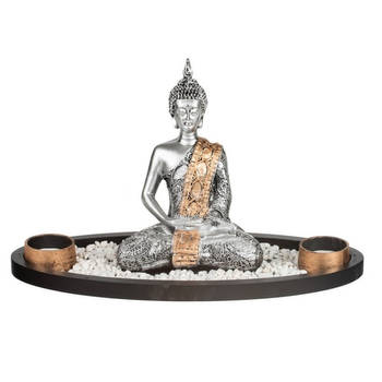 Boeddha beeld met waxinelichthouders voor binnen zilver 33 cm - Beeldjes