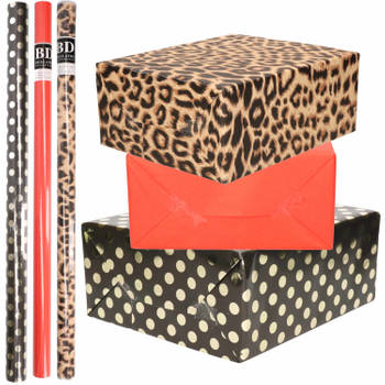 6x Rollen kraft inpakpapier/folie pakket - panterprint/rood/zwart met gouden stippen 200x70 cm - Cadeaupapier