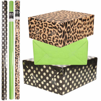 6x Rollen kraft inpakpapier/folie pakket - panterprint/groen/zwart met gouden stippen 200 x 70 cm - Cadeaupapier