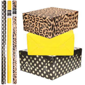 6x Rollen kraft inpakpapier/folie pakket - panterprint/geel/zwart met gouden stippen 200 x 70 cm - Cadeaupapier