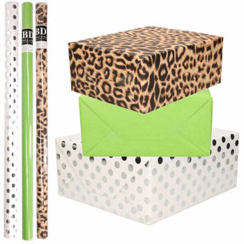 6x Rollen kraft inpakpapier/folie pakket - panterprint/groen/wit met zilveren stippen 200 x 70 cm - Cadeaupapier