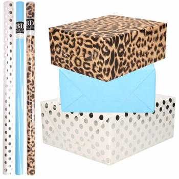 6x Rollen kraft inpakpapier/folie pakket - panterprint/blauw/wit met zilveren stippen 200 x 70 cm - Cadeaupapier