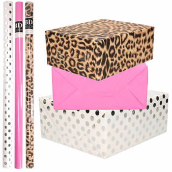 6x Rollen kraft inpakpapier/folie pakket - panterprint/roze/wit met zilveren stippen 200 x 70 cm - Cadeaupapier