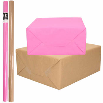 4x Rollen kraft inpakpapier/kaftpapier pakket bruin/roze 200 x 70 cm - Cadeaupapier