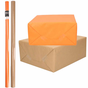 4x Rollen kraft inpakpapier/kaftpapier pakket bruin/oranje 200 x 70 cm - Cadeaupapier