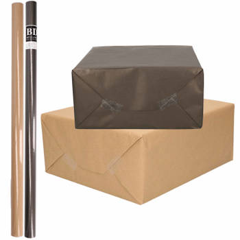 4x Rollen kraft inpakpapier/kaftpapier pakket bruin/zwart 200 x 70 cm - Cadeaupapier