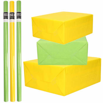 6x Rollen kraft inpakpapier pakket geel/groen lente/Pasen 200 x 70 cm - Cadeaupapier