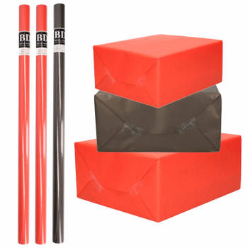 6x Rollen kraft inpakpapier pakket zwart/rood Halloween/Kerst 20 x 70 cm - Cadeaupapier