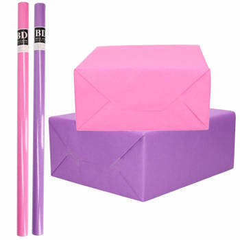 4x Rollen kraft inpakpapier pakket roze/paars voor meisjes/dames 200 x 70 cm - Cadeaupapier
