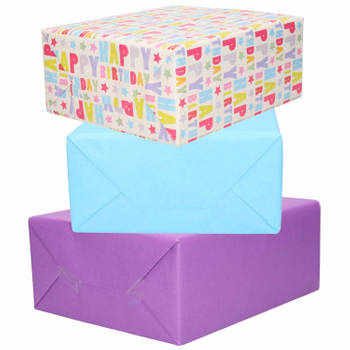 3x Rollen kraft inpakpapier lichtblauw/paars/happy birthday 200 x 70 cm - Cadeaupapier