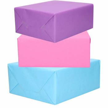 3x Rollen kraft inpakpapier paars/roze/lichtblauw 200 x 70 cm - Cadeaupapier