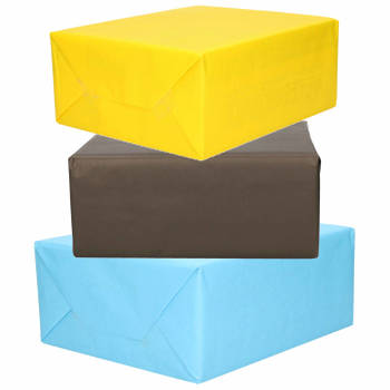 3x Rollen kraft inpakpapier geel/zwart/lichtblauw 200 x 70 cm - Cadeaupapier