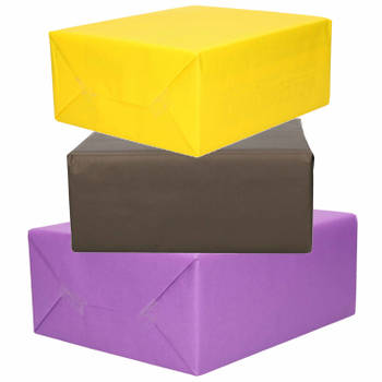 3x Rollen kraft inpakpapier geel/zwart/paars 200 x 70 cm - Cadeaupapier