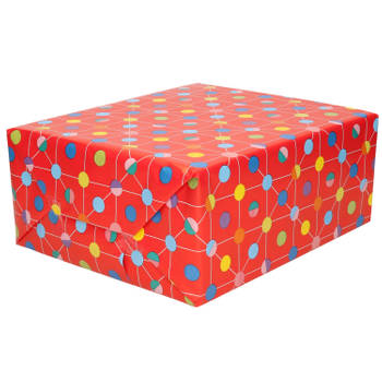 1x Verjaardagscadeau inpakpapier rood / gekleurde stippen70 x 200 cm op rol - Cadeaupapier
