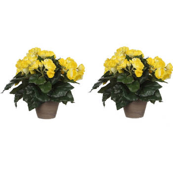 2x stuks gele Begonia kunstplant 30 cm in grijze pot - Kunstplanten