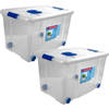 2x Opbergboxen/opbergdozen met deksel en wieltjes 55 liter kunststof transparant/blauw - Opbergbox