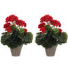 2x stuks geranium kunstplanten rood in keramieken pot H34 x D20 cm - Kunstplanten